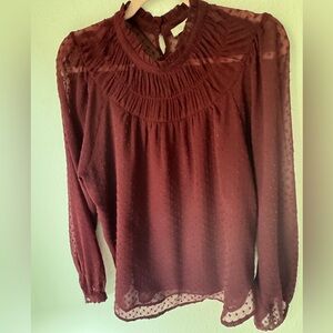 LOFT Burgundy Ladies Textured Swiss Dot Mock Turtleneck Blouse SZ M
